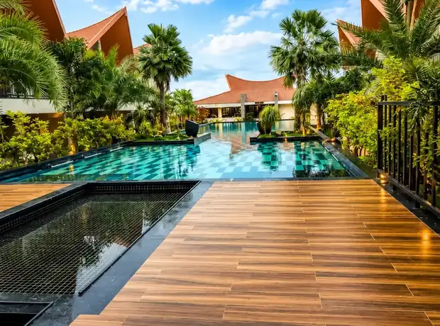 Poolside boardwalk and villas